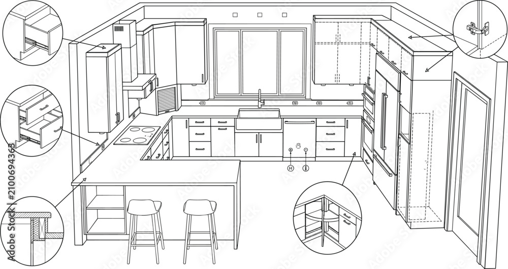 Fototapeta premium Modern Kitchen Cabinet CAD Drawing with Interior Elevation, Custom Cabinetry Details, and Technical Design Layout