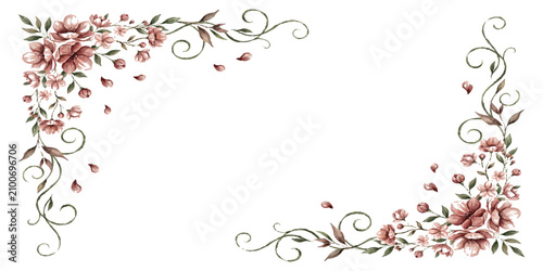 Fotografía Elegant floral border frame with pink roses and swirling leaves
