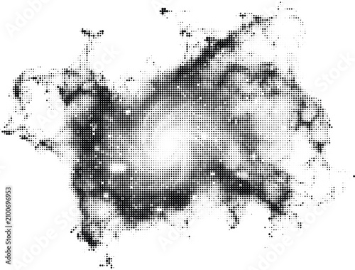 Abstract amorphous ink splash with scattered dots, dark gray and black halftone effect, organic irregular shape, textured blotch background.