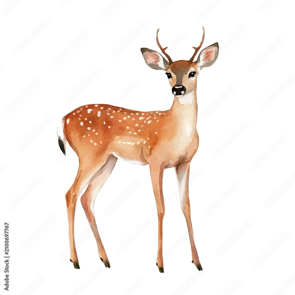 Fototapeta premium White-tailed Deer, vector watercolor clipart with soft pastel strokes, isolated on a white background.