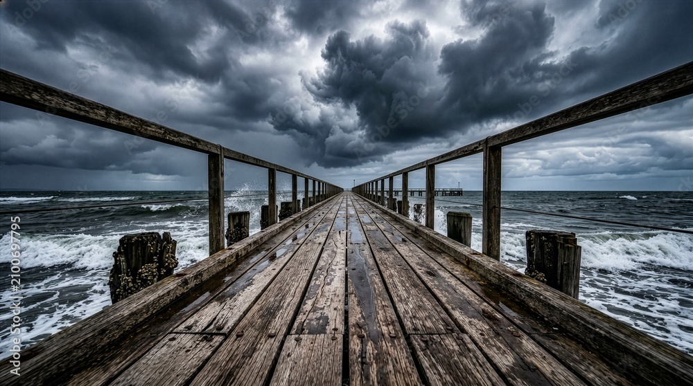 Fototapeta premium Dramatic wooden pier leading into a stormy sea under dark stormy clouds, perspective view, storm concept