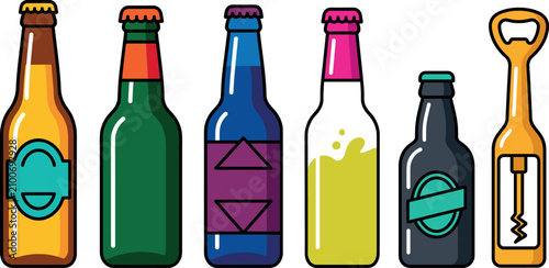 Canvastavla Colorful beer bottles collection set with different glass container shapes and c