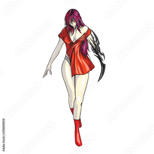 Beautiful Asian Female Demon Warrior with Black Scythe Arm, Red Kimono Outfit, Full Body Character Vector Illustration Isolated on White Background