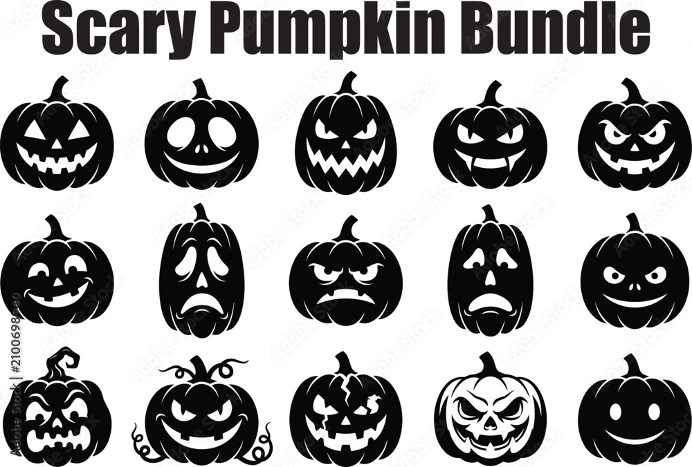 Obraz premium Creepy pumpkin vector bundle spooky jack o' lantern silhouettes for halloween designs decorations
