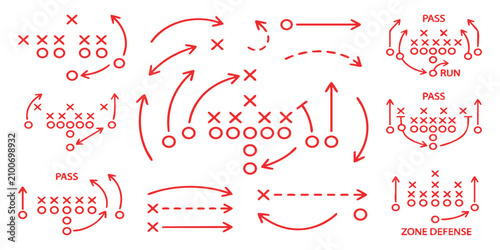 Fotografie American football game strategy play diagrams with red x and o symbols and movem