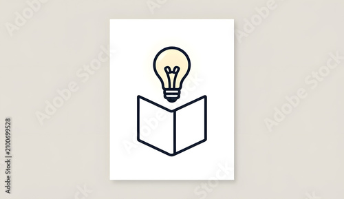 Minimalist line art icon of an open book with a glowing light bulb, abstract logo for creative education, bright ideas, knowledge, and smart learning