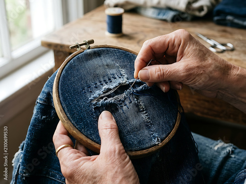 Close up of hands mending a hole in blue denim fabric with needle and thread.