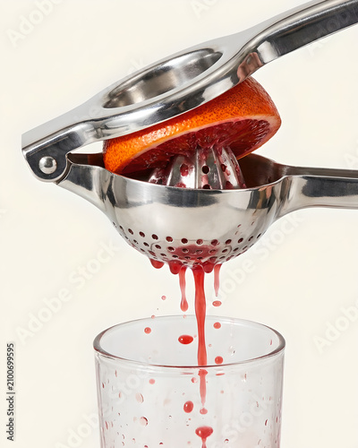 Stainless steel citrus press squeezing fresh blood orange juice into glass