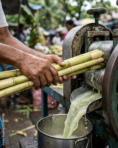 Fresh sugarcane juice extracted with manual press at tropical market
