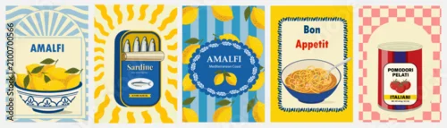 Obraz  z motywem Amalfi coast Italian food poster set with lemons, sardine tin and pasta illustrations, Mediterranean kitchen print collection for cafe menu, packaging and wall art design