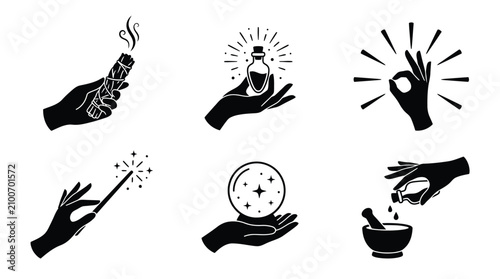 Fotografia Mystical hand silhouette illustration featuring magic wands, potions, crystals,