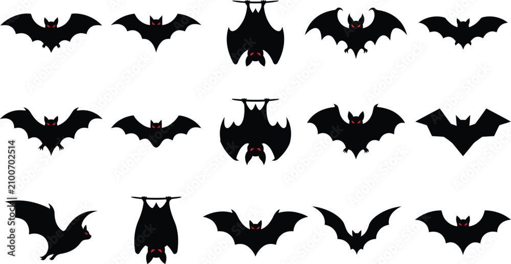 Fototapeta premium Black bat silhouettes in various flying poses and hanging styles