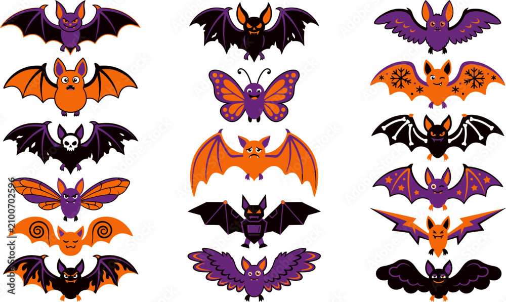 Obraz premium Halloween Bat Vector Collection with Diverse Flying Bat Illustrations for Spooky Decorations, Party Themes and October Celebrations