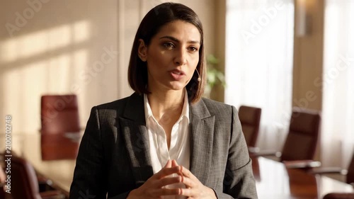 Focused businesswoman presenting ideas with clasped hands in a well-lit corporate meeting room, an ideal visual for professional communication.