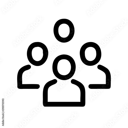 Group of three people icon with one detailed - Minimalist vector icon showing a group of three people connected, one with detailed face and two as simple circles.