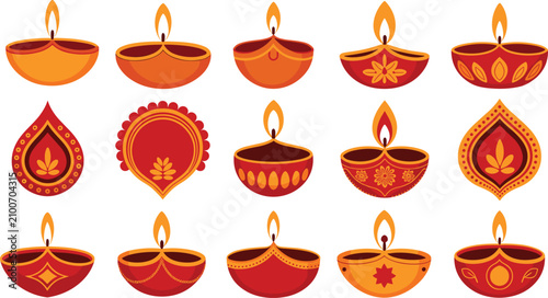 Traditional Indian Diwali diya oil lamp vector illustration set with colorful burning flames isolated on white background