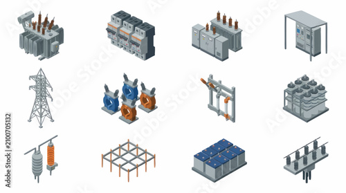 Industrial electrical equipment and power infrastructure icons.