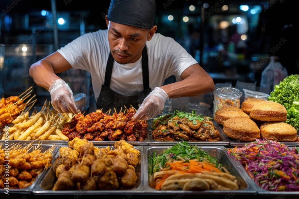 Obraz premium Food Vendor Arranging Skewers at Night Market