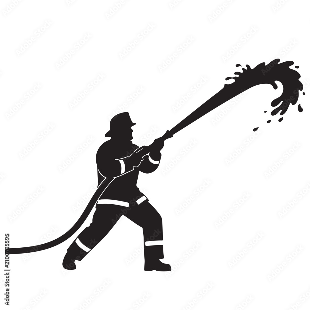 Obraz premium Firefighter silhouette spraying water from a hose vector graphic for fire safety and emergency response