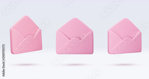 Set vector 3d envelope icon isolated on white. Message, mail, open mail, newsletter subscriptions, business documents, email services. Cute render illustration for banner, web, social media, app