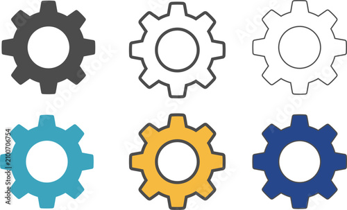 Six colorful gear icons set industrial engineering and mechanical system representation