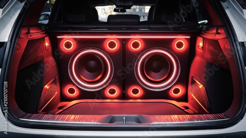Two powerful subwoofers installed in modern car trunk, The trunk of a car featuring two speakers and illuminated red lights