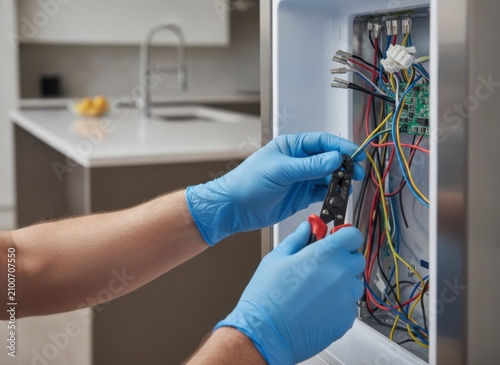 A man in blue working on the inside of a large silver fridge.