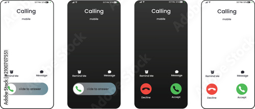 Photos Smartphone screens with incoming call notifications and answer options in clean
