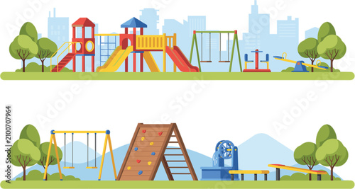 Foto Children playground landscape banners, outdoor park equipment with slides swings