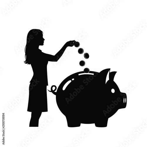 Woman Depositing Coins Into Piggy Bank Black Silhouette
