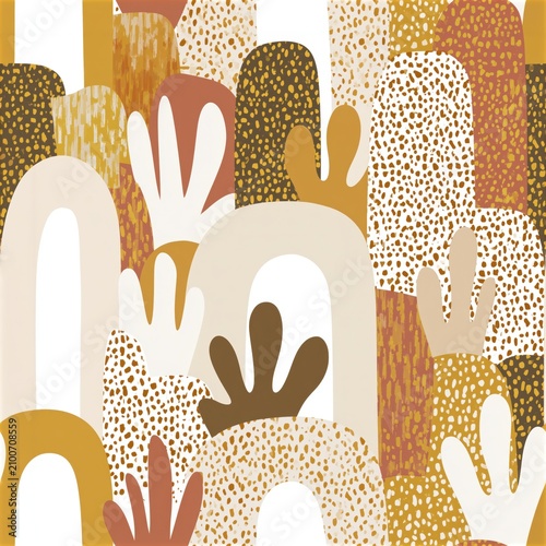 Seamless Boho Autumn Pattern with Organic Arches and Speckled Shapes
