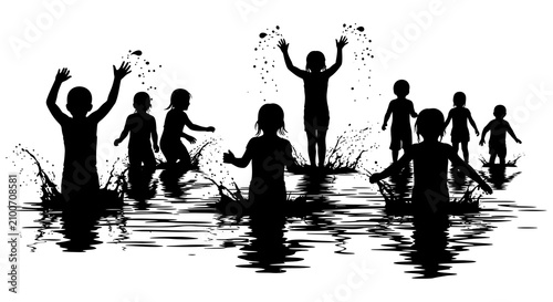 Konstfotografi Children Playing In Water Black Silhouette kids