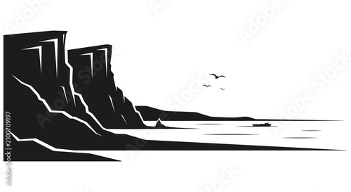 Canvas Print Coastal cliffs and sea with birds black and white silhouette