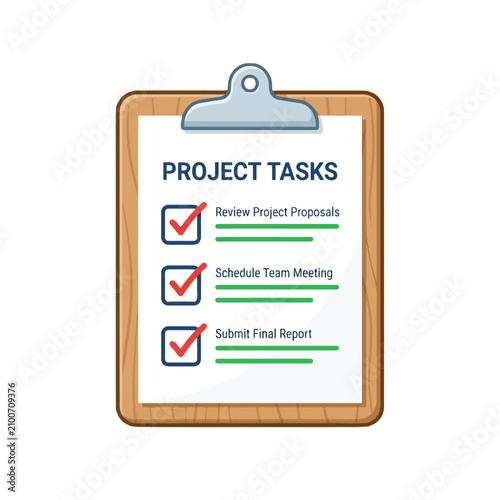 Clipboard with project tasks checklist isolated on transparent background, Vector