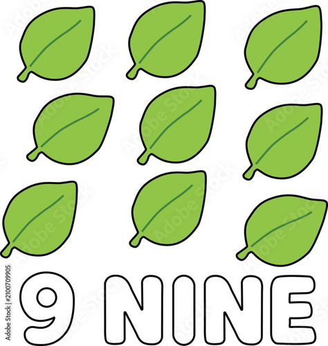 Number 9 NINE with green leaves, educational counting illustration for kids