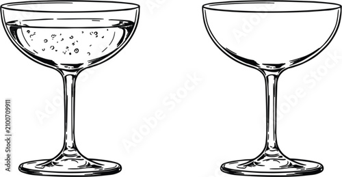 Принти на полотні Vintage coupe cocktail glasses illustration, elegant champagne stemware with fil