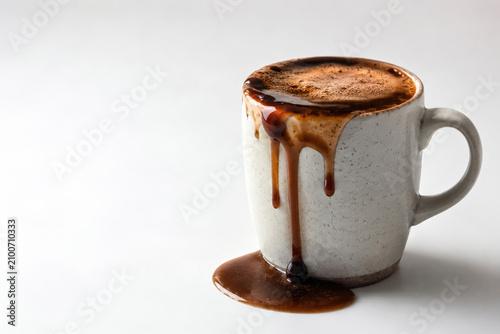 Coffee overflows from ceramic mug onto white surface. Space for text.