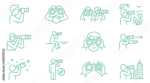 Fotografie Corporate Line Set of People Using Various Telescopes and Binoculars in Minimali