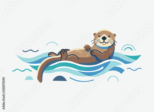 Playful Sea Otter Floating on Gentle Ocean Waves – Cute Flat Vector Animal Illustration