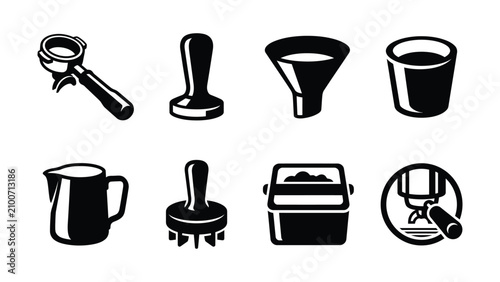 Fotografie Black and white icons of various coffee making equipment and tools on white back