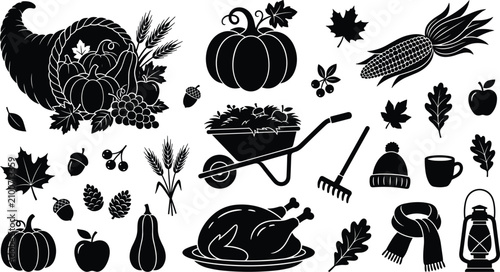 Autumn harvest and Thanksgiving celebration vector icon set with black silhouettes of cornucopia pumpkin roasted turkey wheelbarrow rake leaves corn acorn scarf lantern