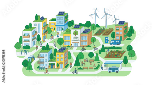 Sustainable eco city illustration with renewable energy and green living