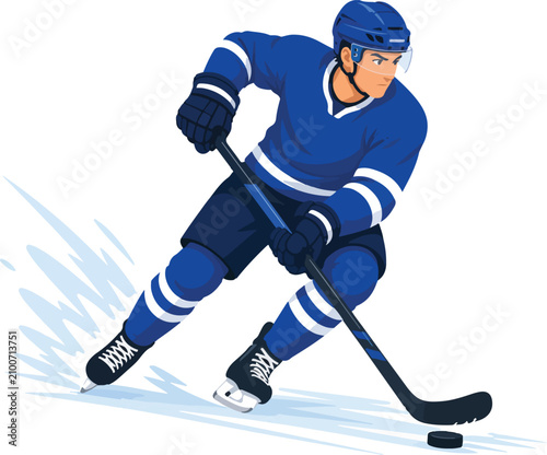 Photography Hockey player in blue uniform skating with stick and puck Keywords: hockey, ice