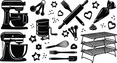Cuadro en lienzo Baking and pastry cooking tools vector icon set with black silhouettes of stand