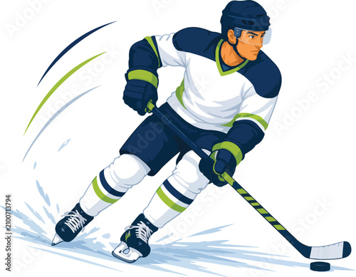 Canvas Print Hockey player skating with stick and puck on white background