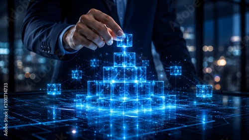 Strategic business development visualization showing a man in suit constructing a digital pyramid from luminous blue cubes for technology leadership and advanced corporate data organization.
