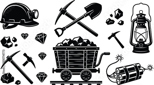 Bild auf Leinwand Coal mining and gemstone diamond extraction industrial vector icon set with blac