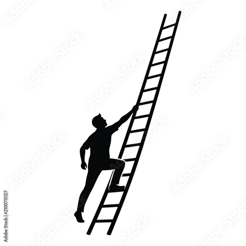 Bild auf Leinwand Man Climbing Ladder Silhouette Against White Background