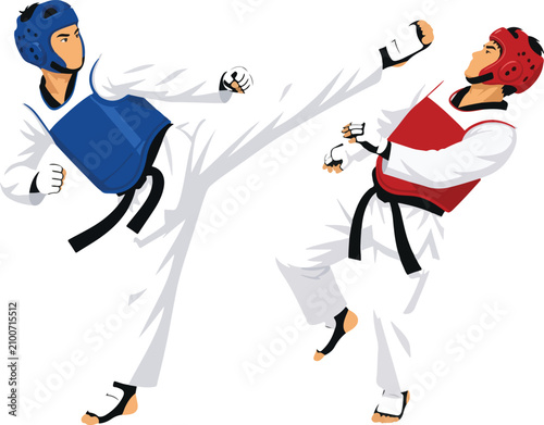 Obraz na plátně Two Taekwondo athletes sparring with kicks martial arts