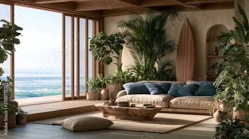 Living room inside has a surfboard, couch, and greenery.